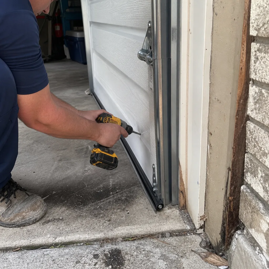 Technician using a power drill to install a residential garage door