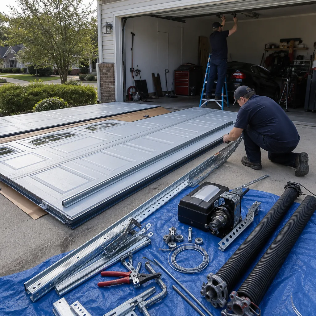 Technicians performing a professional garage door installation service on a residential property.