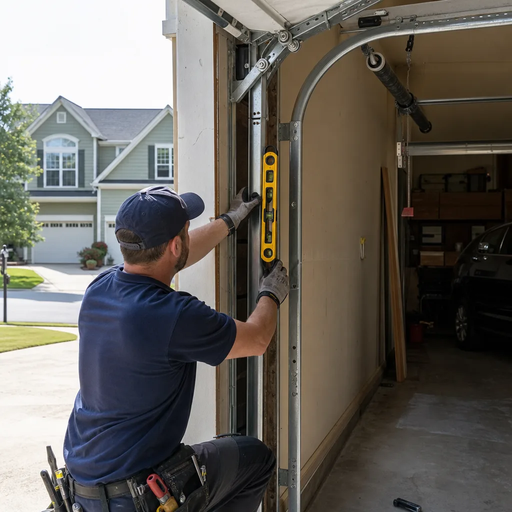 Technician using a level to install or repair garage door tracks