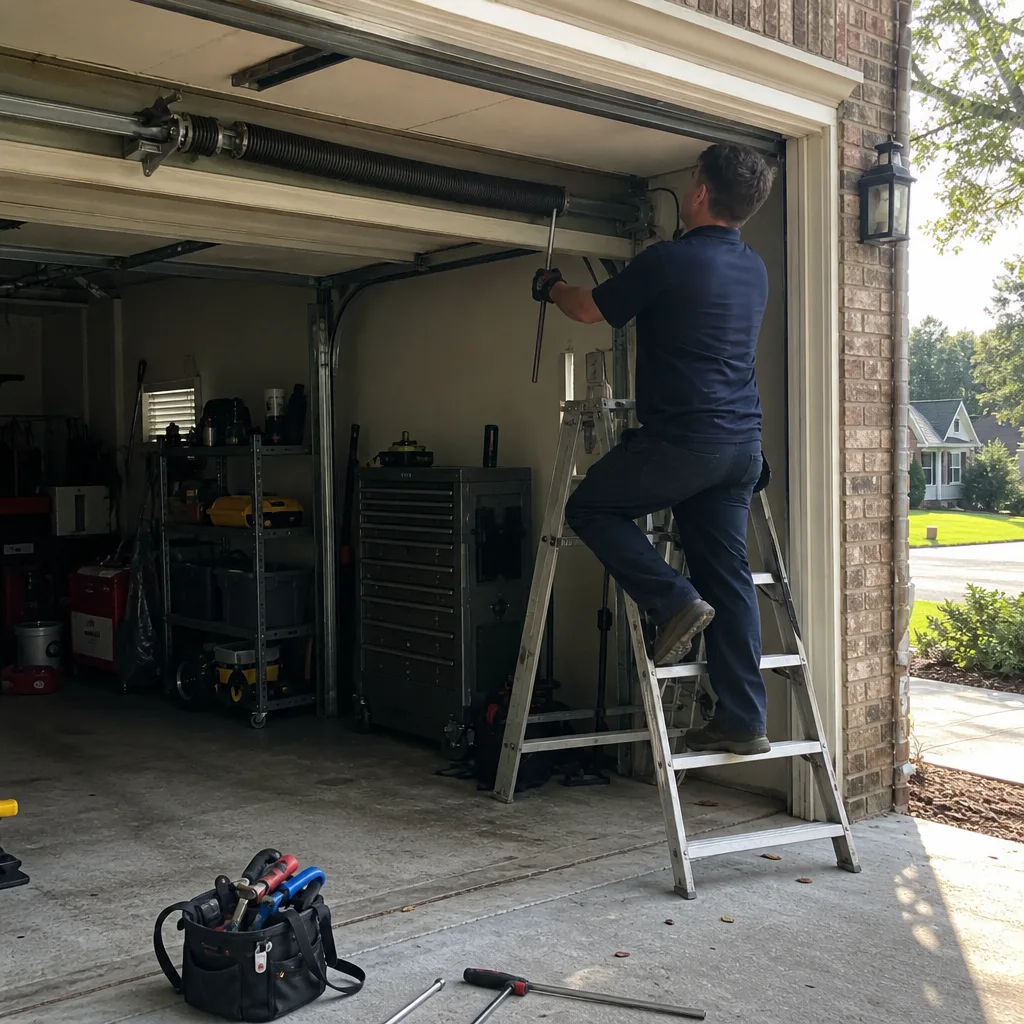 Technician performing professional garage door spring repair and maintenance