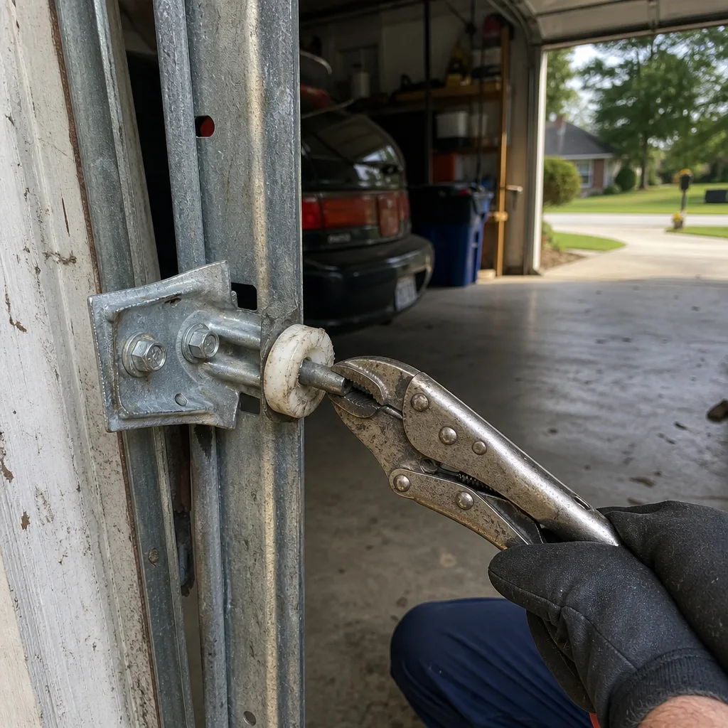 Technician using pliers to perform garage door roller repair